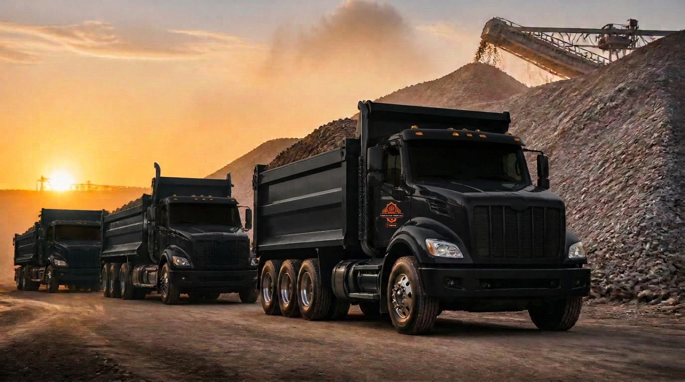 Fleet of black dump trucks at an aggregate quarry during golden hour